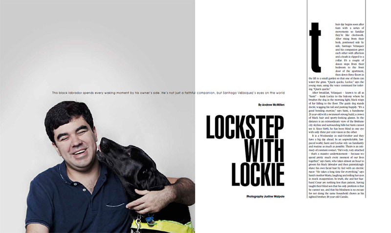 'Lockstep With Lockie: Santiago Velasquez and his guide dog' story by Andrew McMillen in The Weekend Australian Magazine, November 2017. Photo by Justine Walpole
